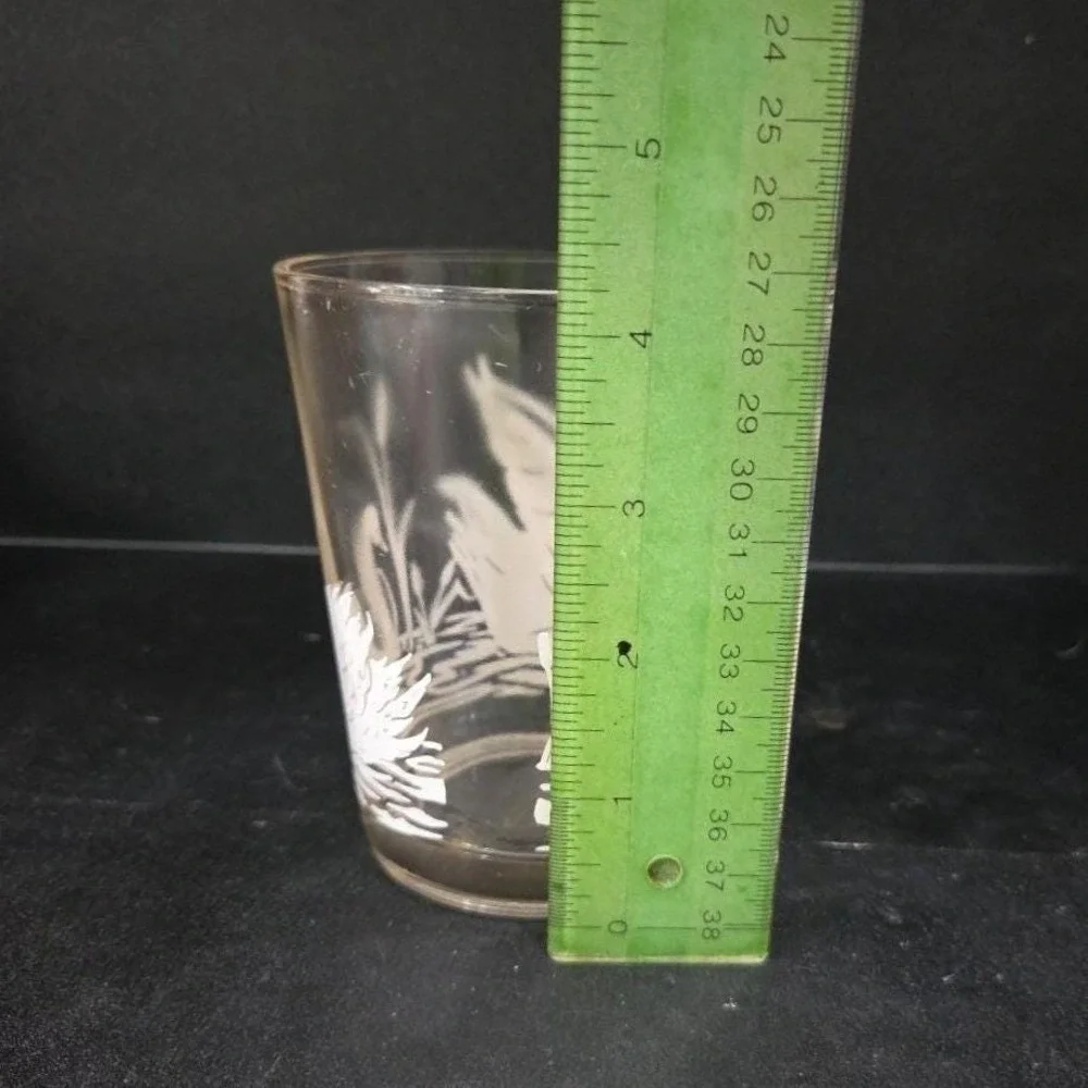 Swan Design Etched Lowball Tumbler,‎ Vintage Mid-Century Glass, Light Pink Tint